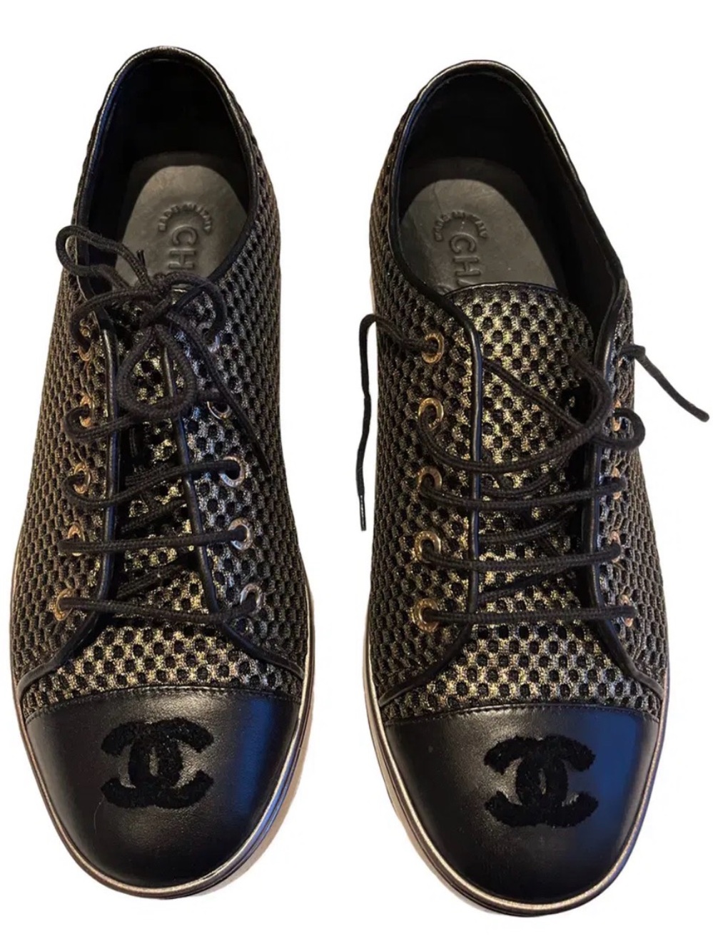 Chanel Black/Gold Mesh and Leather CC Cap Toe Low Top